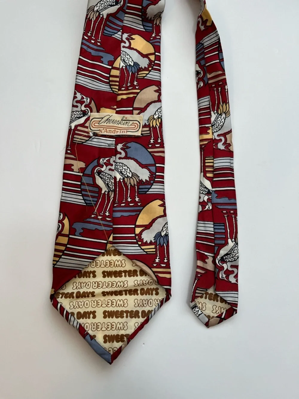 Vintage Chereskin X'Andrini Sweeter Days Tie Bird Print Red Heron Crane